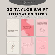 the 30 taylor swift affirmation cards are shown in pink, white and grey