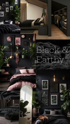 black and earthy collage with plants in the bedroom, bedding and pillows