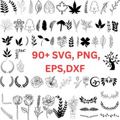 various plants and flowers with the words 90 + svg, png, eps dxf