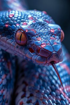 a close up view of a blue snake's head