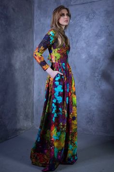 "Maxi Dress, Long Sleeve Dress, Colorful Dress Flared dress with abstract green print ➤ Features > dress length: 60.6\" / 154 cm > front bust pleats > waistband > round neckline > pleats at skirt part > long sleeves > side pockets > zipper at the back ➤ Sizing My Size Guide in FAQ section below will help you define the perfect size match. The item can also be made according to your measurements - just message them to me. ➤ Delivery Your item is made-to-order and will be r Cozy Dress Outfit, Bohemian Gown, Maxi Dress Long Sleeve, Lady Like, Abstract Dress, Colorful Dress, Maxi Dress Long, Beautiful Maxi Dresses, Dress Bohemian