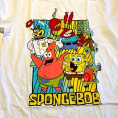 an image of spongebob on a t - shirt with other cartoon characters in the background