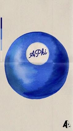 a blue and white object with the word aphi written in cursive writing