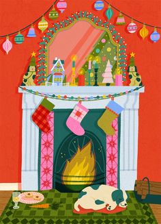 a dog laying on the floor in front of a fireplace with stockings and christmas decorations