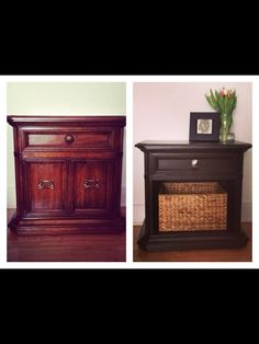 two different side tables with baskets on them and one has a vase in the middle