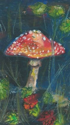 a painting of a mushroom in the grass