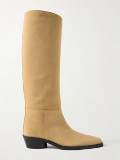 Proenza Schouler's 'Bronco' boots are a minimalist staple for any capsule wardrobe. Made in Italy from supple beige suede, they have elongated square toes and slanted block heels for a subtle Western feel. Wear yours with a midi dress. Suede Knee Boots, The Row Bag, Designer Hair Accessories, Denim Flats, Floral Dresses Short, Swimsuit Dress, Boot Pumps, Sunglasses Shop, Proenza Schouler