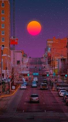 the sun is setting over a city street with cars parked on both sides and buildings in the background