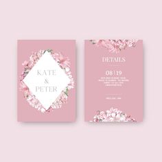 a wedding card with pink flowers and leaves on the front, and a white diamond in the middle