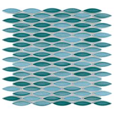 a blue and white mosaic tile with wavy lines on the bottom, in shades of teal