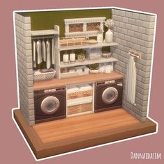 an animated model of a washer and dryer in a room with brick walls