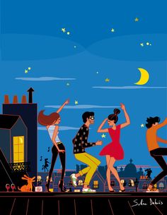 four people dancing on a rooftop at night