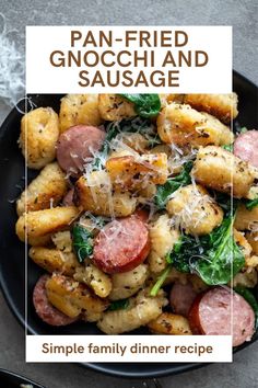 Pan-fried gnocchi with sausage and spinach on a black plate. Italian Sausage And Gnocchi Recipes, Kielbasa Gnocchi, Gnocchi And Chicken Sausage, Kielbasa Dinner, Bacon Gnocchi, Gnocchi With Sausage, Gnocchi With Spinach, Fried Gnocchi, Pan Fried Gnocchi