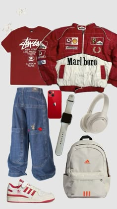 Red Outfit Streetwear, Street Style Outfits Casual, 90s Streetwear, Streetwear Men Outfits, Swaggy Outfits