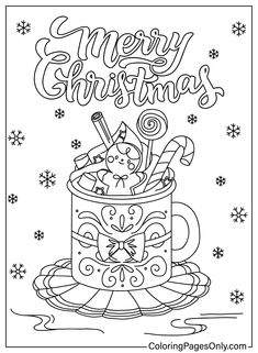 merry christmas coloring page with a cup full of candy and marshmallows in it