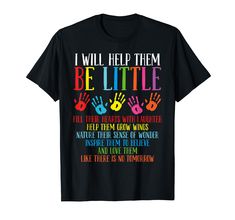 a black t - shirt with colorful handprints on it that says i will help them