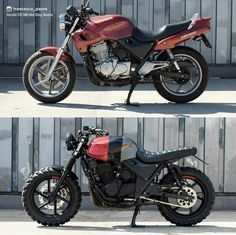 two pictures of a red and black motorcycle parked next to each other in front of a building