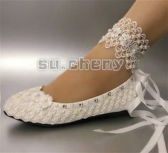 su.cheny Flats lace ribbon ankle pearls Wedding Bridal pump heels shoes size5-13 | eBay Ballet Wedding Shoes, Low High Heels, Ankle Pumps, Pearl Wedding Shoes, Ivory Heels, Crystal Wedding Shoes, Wedge Wedding Shoes, Lace Wedges, Bridal Pumps