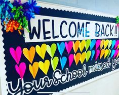 a welcome back sign with colorful hearts on it