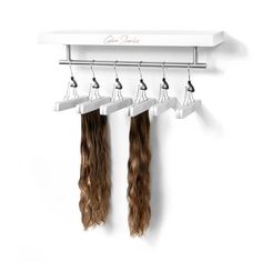 hair extension floating display shelf Shelves For Hair Products, Hair Extension Hanger, Hair Extensions Display, Hair Extension Display, Floating Shelf Display, White Floating Shelf, Glam Seamless, Shelf Dimensions, Shelf Hardware