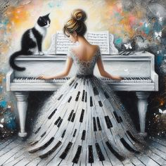 a painting of a woman playing the piano with a cat sitting on top of it