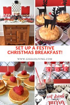 a collage of christmas breakfast items including pancakes, muffins and raspberries