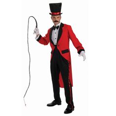 a man in a red tuxedo and top hat holding an electric wire while standing on a white background