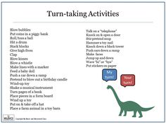 an image of a dinosaur talking to each other with the words'turn - taking activities '