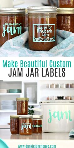 jars filled with jam sitting on top of a counter next to the words make beautiful custom jam jar labels