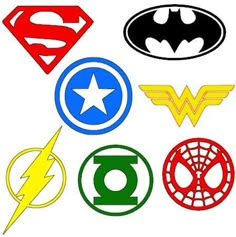 the logos of different superheros are shown in various colors and sizes, including red, yellow, green, blue, and black