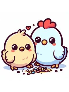 two cute little birds standing next to each other with hearts on their heads and eyes