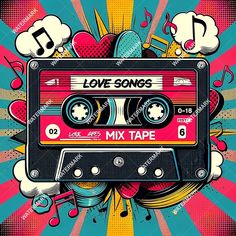 an old school music poster with the words love songs mix tape in front of it