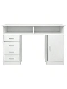 a white desk with three drawers and two doors on the top, in front of a white background