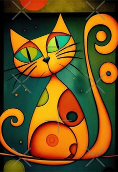 a painting of a cat with green eyes