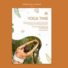 a yoga flyer with an image of a woman in white bra top and headphones