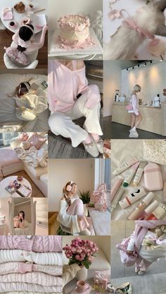 a collage of photos with pink and white items on them, including clothes, shoes, hats, and flowers