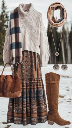 Winter meets boho! Learn how to style flowy dresses, faux fur coats, and earthy prints for the perfect winter look.✨❄️ #BohoChic #StyleInspo #WinterWardrobe Winter Boho Outfits Cold, Winter Hippie Outfits Boho, Winter Boho Outfits, Boho Chic Outfits Winter, Winter Hippie Outfits, Bohemian Winter Outfits, Earthy Prints, Rock Boho Style, Boho Dress Winter