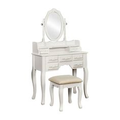 a white dressing table with a stool and mirror on it's sides, in front of a white background