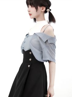 ❤Moon Under Chiffon Midriff Skirt + Lace Shirt + Plain Shirt + Strap Skirt❤︎  ⚠Please allow 2-3 weeks for️products to be shipped. High Waisted Black Skirt, Skirt Tops, Strap Skirt, Chiffon Shorts, Jumper Skirt, Black Jumper, Plain Shirt, Plain Shirts, Jewel Neck