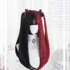 This stunning black and red two tone long wavy gothic lolita wig combines a sweet fringe with a dark lolita inspired aesthetic- Gorgeous! Choose from 4 different styles: A short bob, long ponytails, long curly, or long slightly wavy! This stunning wig is made of ultra soft and realistic kanekalon fibre of the highest quality, and includes a free wig cap! This gorgeous long wavy lolita wig can easily be styled to your preference with heat safely! So many styling options are possible with this gor Black Hair Wigs, Red Wig, High Quality Wigs, Red Wigs