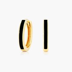 14K Yellow Gold Black Enamel Huggie Hoop Earrings. These earrings exemplify everyday elegance. Wear them every day or save them for a special occasion, the beautiful black enamel is the perfect punctuation for any look. Black Enamel Earrings, Gold Enamel Huggie Earrings, Classic Small Hoop Earrings In Black, Classic Small Black Hoop Earrings, Small Black Classic Hoop Earrings, Elegant Enamel Hoop Jewelry, Black Enamel Hoop Earrings For Gift, Black Enamel Hoop Earrings As Gift, Classic Black Hoop Earrings For Formal Occasions