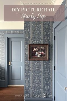 an entry way with blue doors and wallpaper on the walls, in front of a painting