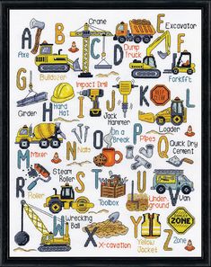 a cross stitch alphabet with construction vehicles and letters on it's sides, including the letter