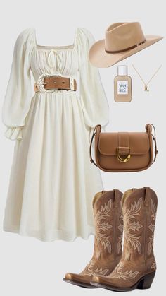 #western #country #dress #countrygirl #ootd #westernaesthetic #cowgirl #boots #neutral #vintage #festival #christiangirl #outfitinspo #modestfashion #churchoutfit #modesty Farmers Market Dress Outfit, Country Elegant Outfit, Chic Farm Outfits, Country Dress Aesthetic, Dresses That Go With Cowgirl Boots, Cute And Casual Fall Outfits, Country Modest Outfits, Cowgirl Outfits Modest, Neutral Cowgirl Outfit