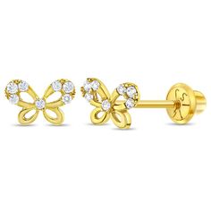 Your little girl will look sweet and pretty all day with these pair of 14k yellow gold butterfly screw back earrings. Its cute size will be suitable for your baby girl's small pierced ears. These butterfly earrings for babies to toddlers have safety screw backs for an extra comfort and security. Buy this bright and sparkling butterfly jewelry to add a little pop of color to your little girl's wardrobe. Gift box included. Teen Ring, Teen Necklaces, Teen Earrings, Baby Necklace, Teen Jewelry, Baby Earrings, Kids Rings, Butterfly Baby, Butterfly Earrings Stud