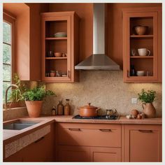 an orange kitchen with wooden cabinets and pots on the stove top, potted plants