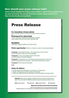 a green and white brochure with the words press release written in black on it