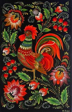 a painting of a rooster surrounded by flowers and leaves on a black background with red, yellow, green, orange, and white colors