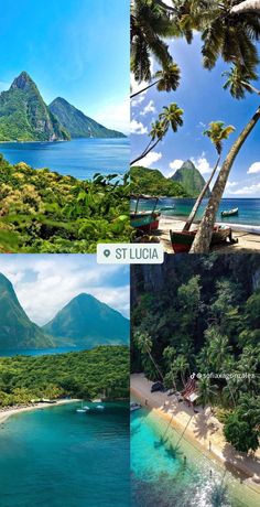 four different views of the ocean and mountains in st lucia island, saint lucia islands