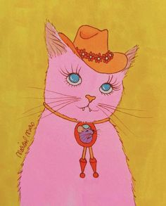 a painting of a pink cat wearing a cowboy hat and holding a string with beads